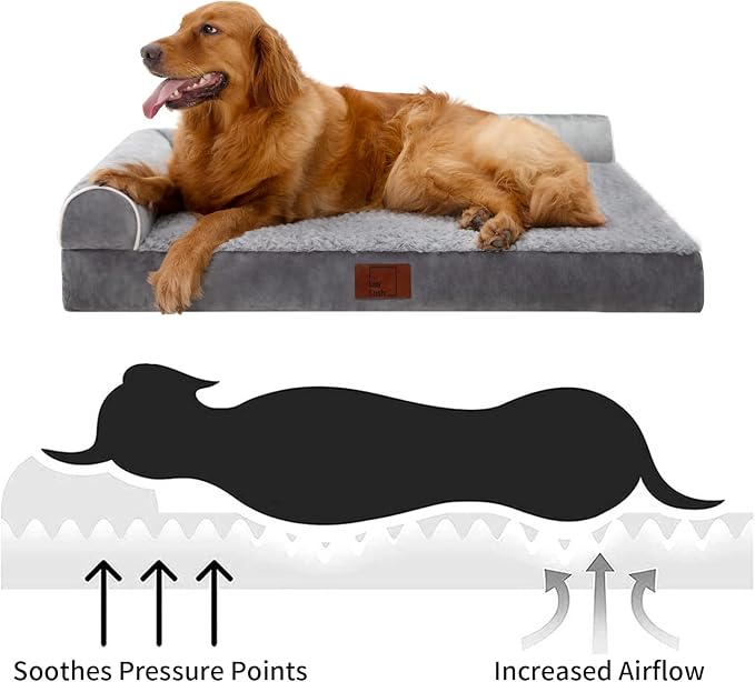 Orthopedic Dog Bed, Pet Sofa with Bolster for Extra Large Dogs | Egg Crate Foam, Removable Washable Cover, Waterproof Lining, Non-Slip Bottom, L-Shape, Cozy Plush, 42 x 30 Inch, Grey