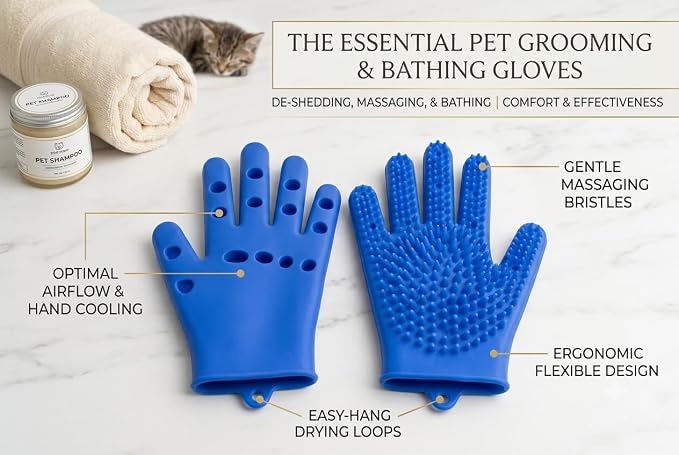 Pet Grooming Gloves for Cats & Dogs – Silicone Hair Removal Glove for Bathing, Shedding & Massage – Gentle Mitt for Long & Short Hair Pets with Drainage System
