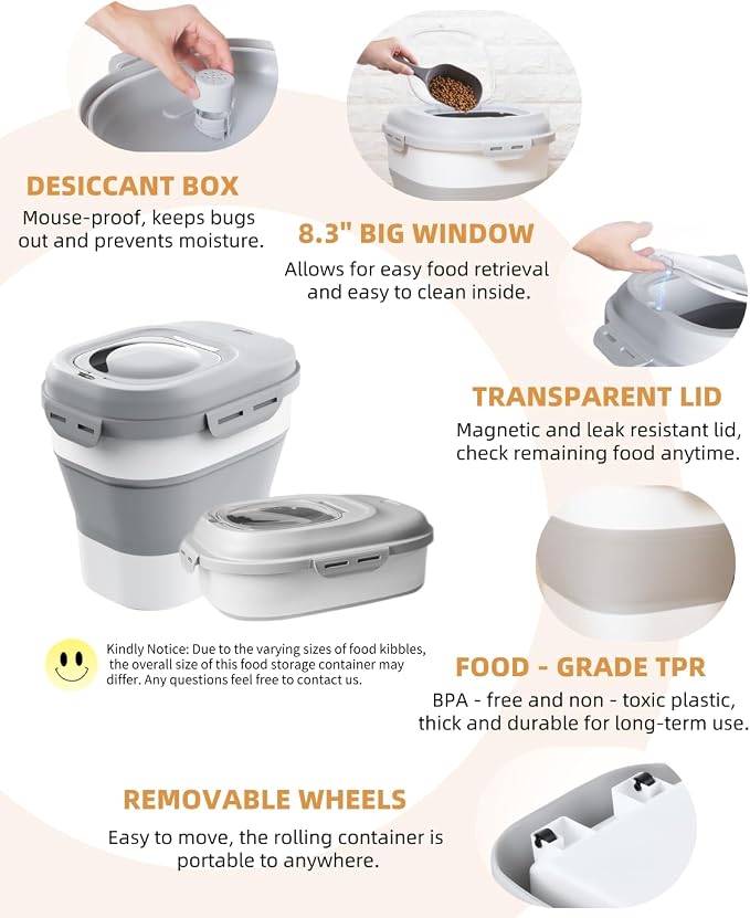 30-35 Lbs Dog Food Storage Container Collapsible Dog Food Container | Large Pet Food Storage with Airtight Lids,Wheels,Scoop and 2Pcs Food Storage Containers,Keep Food Fresh for Dog,Cat