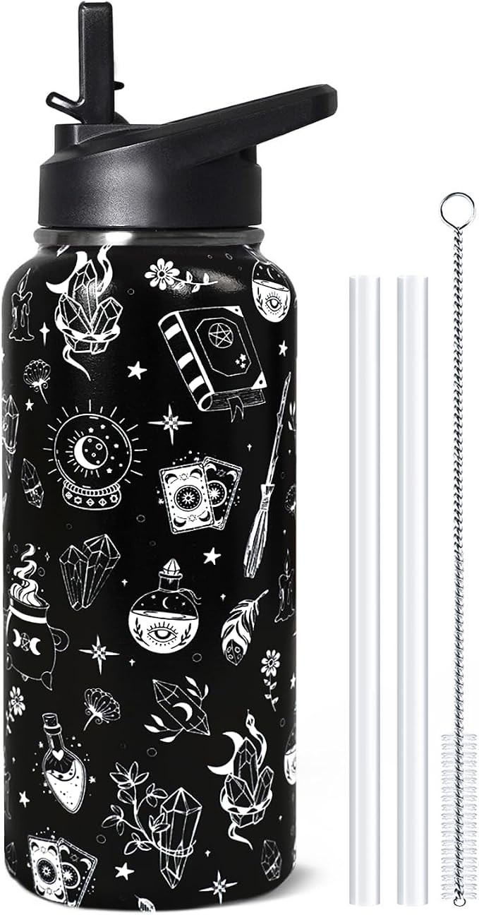 32oz Witch Insulated Aater Water Bottle with Straw Gym Hiking Sports Coffee Mug Cup Water Bottles,Halloween Gifts for Women,Goth Decor Stuff Accessories