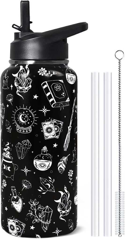 32oz Witch Insulated Aater Water Bottle with Straw Gym Hiking Sports Coffee Mug Cup Water Bottles,Halloween Gifts for Women,Goth Decor Stuff Accessories