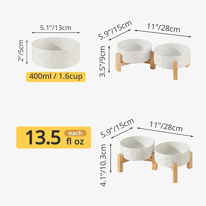 Elevated Ceramic Dog Bowl Set, Anti-Skid Bamboo Stand, White, 5.1 inch | Food and Water Bowls with Fixed Non-Slip Rubber Ring, Microwave Safe, Easy to Clean, 1.6 Cup per Bowl, for Small-Breed Puppy