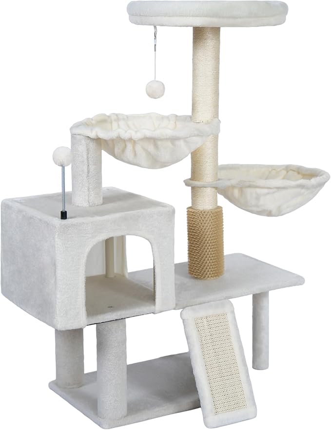 Smouatou Cat Tree with Cat Condo and Two Hammocks, Cat Tower with Scratching Posts and Scratching Pads Cat Toys, Beige