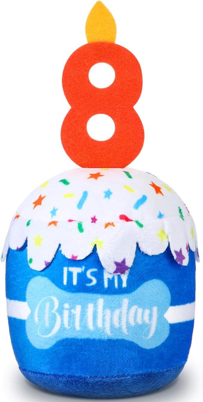 Dansydaisy Dog Birthday Cake Toy Squeaky Plush Toy for Girl Boy Gifts, Chew Accessories for Dog Birthday Party Decor Favor for Large, Medium and Small Dogs(8th,Blue)