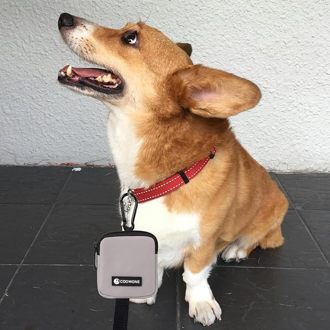 Dog Treat Pouch Pocket Sized Pet Puppy Training Pouch for Dog Training Behavior Aids, Waterproof Nylon Fabric Dog Poop Bag Holder, Hands Free Dog Walking Bag with Metal Carabiner (Grey)