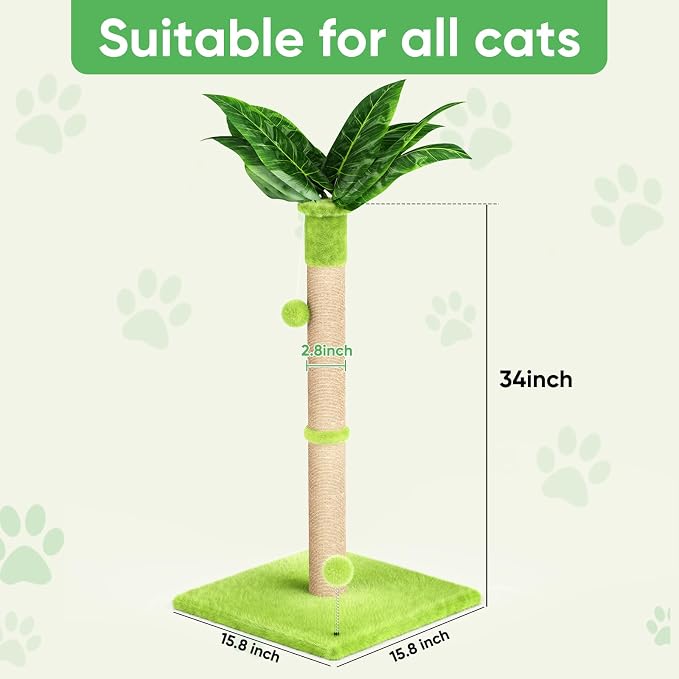 XiaZ Cat Scratching Post 34'' Tall, Durable Cat Scratch Tree Tower for Indoor Kitty with Extra Wide 15.8" Stable Base & 2 Toy Balls, Natural Sisal & Plush Fabric for Small, Medium Cats (Green, 2.8in)