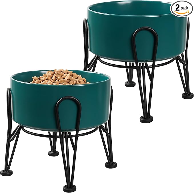 Elevated Dog Bowls, Ceramic Raised Dog Bowl Set with Anti-Slip and Non-Tip Metal Stand, 2 Pack Pet Food and Water Feeding Bowls for Small and Medium Dogs (Green,3.6 Cups)