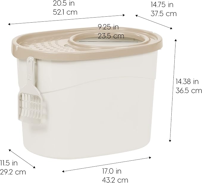 IRIS USA Large Top Entry Cat Litter Box with Lid, Enclosed Covered Cat Litter Box for Indoor Cats, Dog Proof Design, Odor Control, Litter Tracking Reduction, Scoop Included, White/Beige