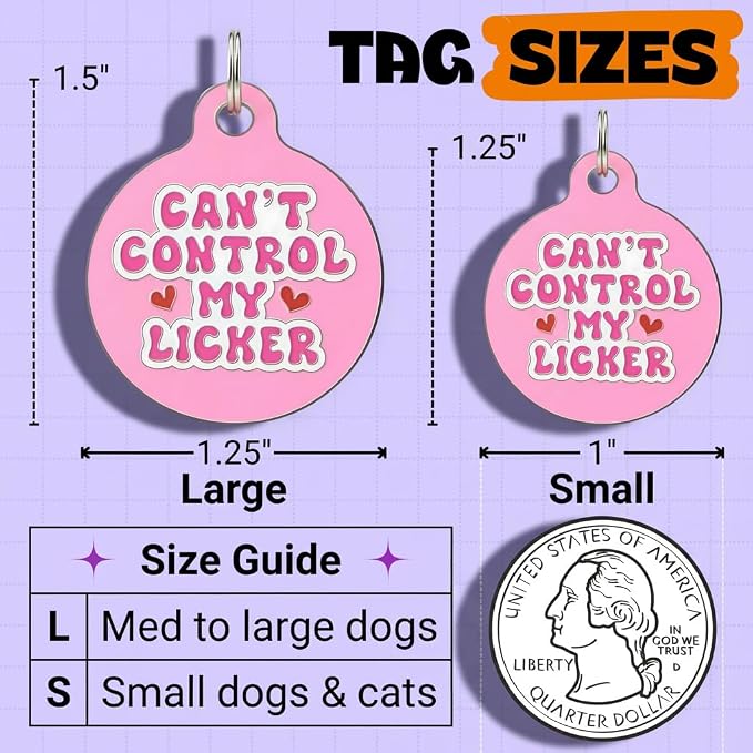 Bad Tags Personalized Dog and Cat ID Tags in 25+ Designs and 2 Sizes - 5 Lines of Custom Engraved Text - Funny Cute Personalized Pet Tags (Can't Control My Licker - Pink, Small (1 inch))