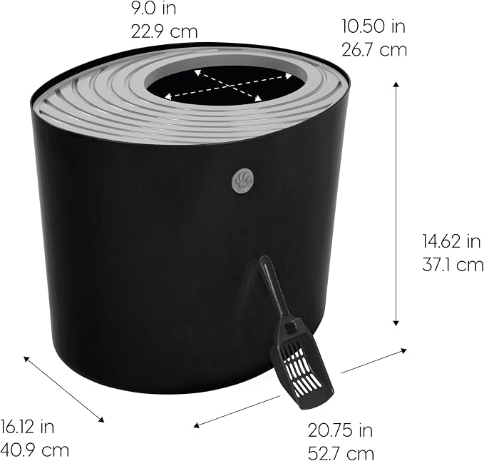 IRIS USA Cat Litter Box, Large Top Entry with Litter Catching Lid and Scoop, Dog Proof, Cat Box Enclosure, Black/Gray
