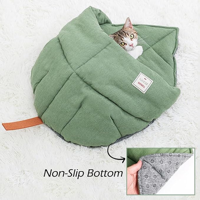 Cat Sleeping Bag Cave Bed with Non-Slip Bottom (Leaf Green) | Comfortable Linen Fabric, Non-stick Hair, Felt Handle, Washable, Suitable Size for Most Cats and Puppy, Durable Pet Nest