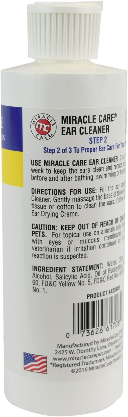 Miracle Care Ear Cleaner for Dogs and Cats, 8 Ounce | Remove Debris and Dirt, Reduce Ear Odor, Waxy Build Up, and Itching, Protect Against Ear Mites, Gentle and Non-Staining