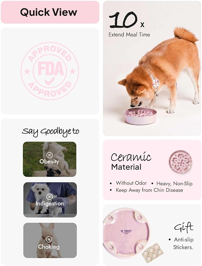 LE TAUCI Ceramic Slow Feeder Dog Bowls Small Breed, 0.6 Cups Dog Food Dish for Fast Eaters, Puzzle Bowl for Small Dogs and Cats,Sakura Pink