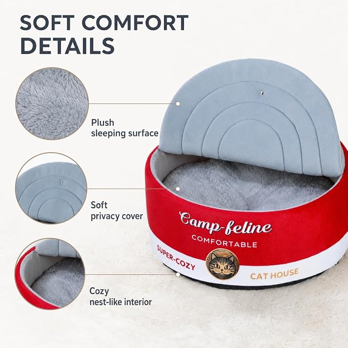 PECHVINO Can-Shaped Cat Bed – Ramen Bowl Cat Bed with Cover | Cute Enclosed Bed with Ultra-Soft Cushion, Private & Cozy Design for Cats & Small Dogs