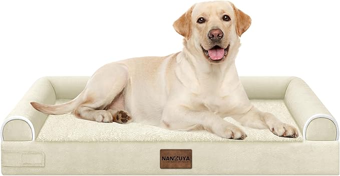 NANUYA Orthopedic Dog Bed for Large Dogs, 38 x 25 Inch, Beige | Egg crate foam for joint support, 3-sided bolster pet sofa, waterproof lining, washable cover, and non-skid base