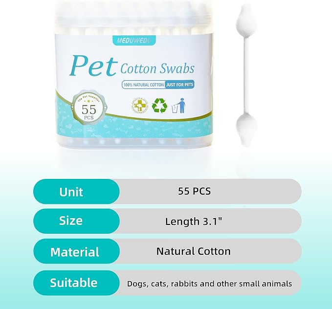 MEDUWEDU Pet Cotton Swabs, 55 Count｜Gourd-Shaped Tips｜Soft Cotton & Paper Stick｜Dog & Cat Ear Cleaner Swabs｜Safe Grooming Tool for Pets