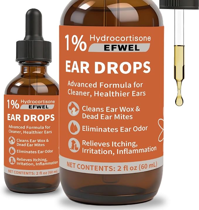 Dog Ear Cleaner Drops with 1% Hydrocortisone, Natural Infection Treatment for Dogs and Cats, Yeast Infection and Itchy Ear Relief, 2 fl oz