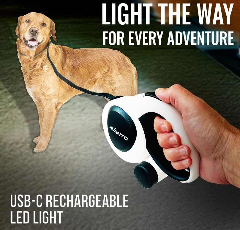 AVANTO Retractable Dog Leash with Flashlight, 16ft Heavy Duty LED Night Safety Leash for Dogs up to 110lbs – 360° Tangle-Free, USB Rechargeable Light, Waste Bag Dispenser, One-Hand Brake & Lock
