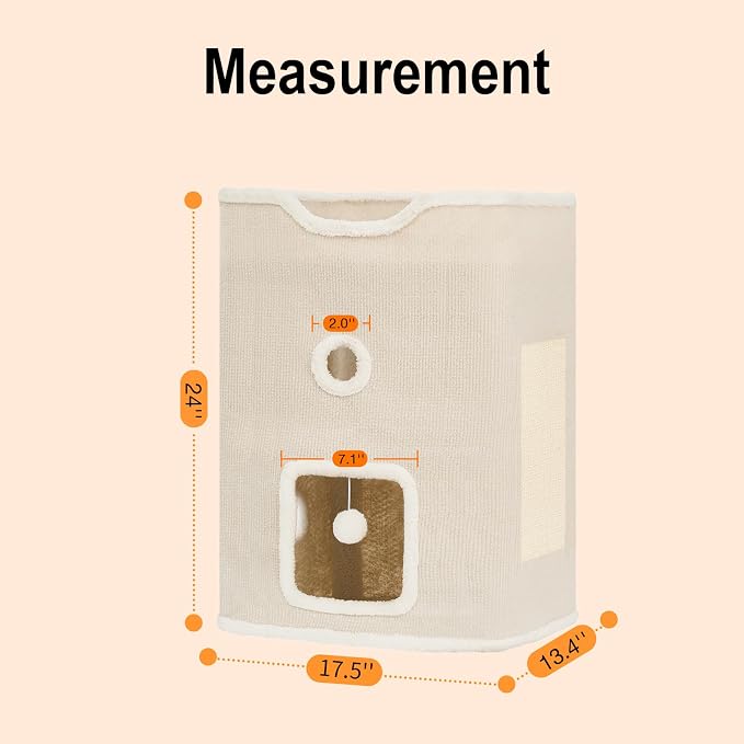 Cat House, Cat Beds for Indoor Cats, 2-Story Cat Condo Cube | Cat Bed Cave with Scratch Pad and Fluffy Ball Hanging, Multi-Level Cozy Hideout Center Ideal for Small/Medium Cats