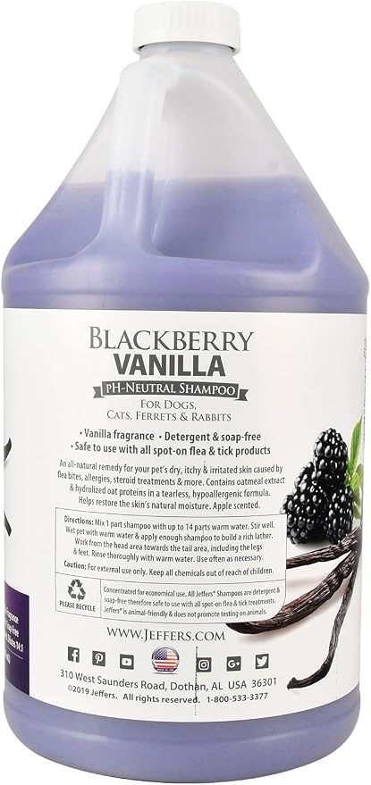 Jeffers Pet BlackBerry Vanilla pH-Neutral Shampoo, 128 oz - Soap & Detergent Free, Tearless Pet Grooming Shampoo with Aloe Vera, Coconut Extract, Vitamins A D E, Concentrated Formula, Made in USA