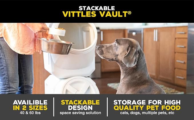 Vittles Vault Traditional Pet Food Storage Container For Dog Kibbles/Bird Seed/Oatmeal/Rice/Flour/Cereal, BPA Free Plastic, Sealed Airtight For Cat Food, Up To 60 lb, Made in USA, With Scoop, Gray