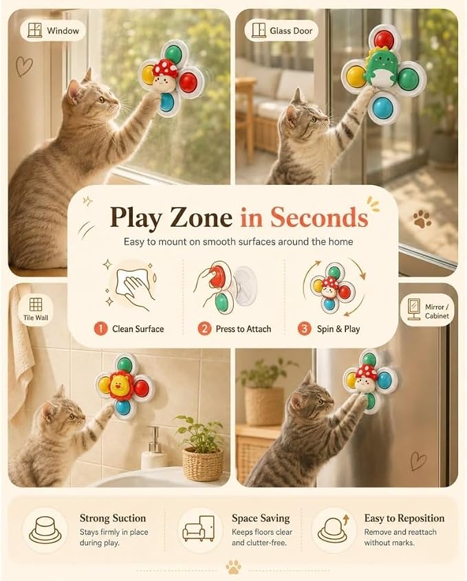 3PCS Cat Suction Cup Spinner Toy Window Perch Interactive Play for Indoor | Strong Suction Base Attaches to Smooth Glass or Tile While Spinning Design Keeps Indoor Cats Engaged (Set-A)