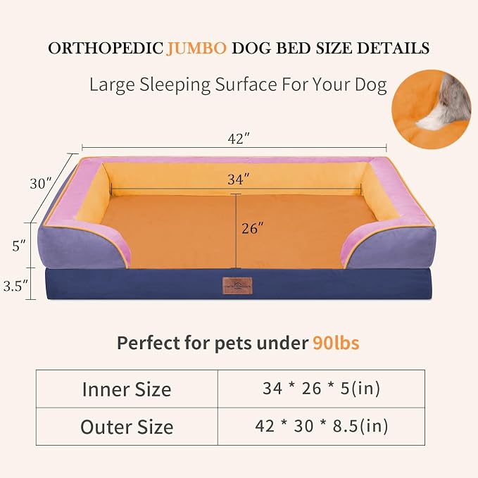 Comfort Expression Orthopedic Dog Bed for Extra Large Dogs with Bolster | Waterproof Dog Couch Bed with Washable Cover & Non-Slip Bottom, Supportive Egg Crate Foam XL Pet Bed, 42x30 Inch