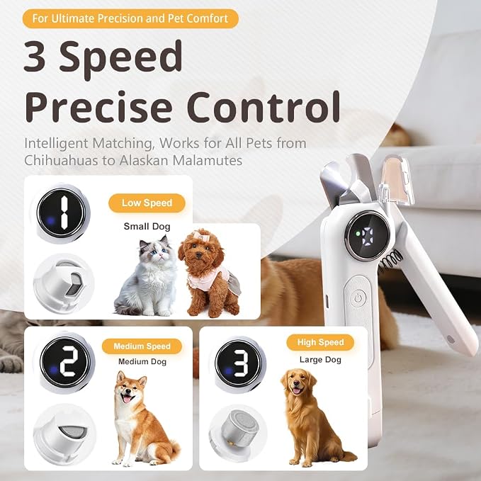 Dog Nail Grinder & Clipper - Rechargeable, Quiet | Rechargeable with LED light. Safe, painless filing for dogs, cats & puppies. Quiet motor. Professional tool（White）