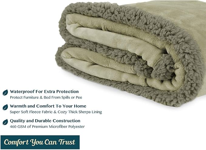 PAVILIA Waterproof Blanket for Couch, Sofa | Waterproof Dog Blanket for Large Dog, Puppy, Cat | Pet Blanket Protector | Plush Soft Warm Fuzzy Sherpa Blanket Bed Throw, Taupe, 90x90