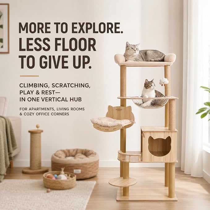 Multi-Level Cat Tree for Indoor Cats, Wooden Cat Tower with Cat House, Scratching Posts, Hammock and Platforms, Natural Wood Cat Furniture
