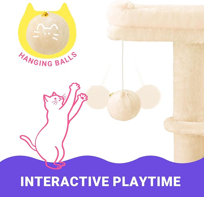 Allewie 29.5in Indoor Cat Tree, Multi-Level Cat Tower with Sisal Scratching Posts, Padded Perch, Basket, Condo, and Hanging Ball, Suitable for Kittens and Adult Felines,Beige