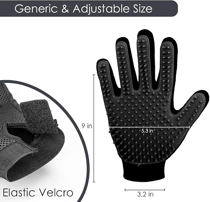 Pet Hair Removal Glove with 255 Silicone Tips for Dogs & Cats, 1 Pair Black | 2-in-1 Deshedding & Massage Mitt, 5-Finger Flexible Design, for Bathing & Grooming, Safe for Long/Short/Curly Hair Pets