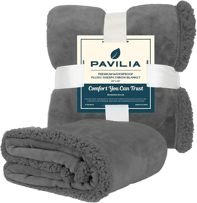 Pavilia Waterproof Couch Blanket | Dog & Cat Blanket Protector | Plush Soft Warm Fuzzy Sherpa Throw, Dark Grey, 60x80