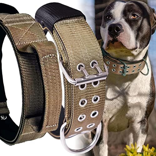 Large Dog Collar Heavy Duty - 2 inch Wide with Handle for Extra Large Breed Dogs, 1/3" Thick Nylon Chew Proof Tactical Collar, Good Choice for German Shepherd,Pitbull,Rottweiler,Khaki,17-22 in