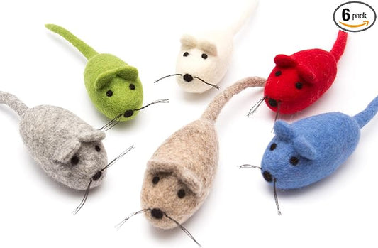 Glaciart One Felt Mouse Cat Toy – 6 Pcs | Soft Fuzzy Enrichment 100% Natural Wool - Interactive Catnip Play Cat Toy Set - Safe for Pets, Non-AZO Colored Dyes