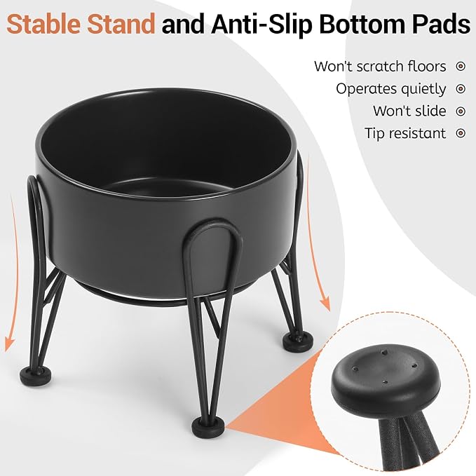 Elevated Dog Bowls, Ceramic Raised Dog Bowl Set with Anti-Slip and Non-Tip Metal Stand, 2 Pack Pet Food and Water Feeding Bowls for Small and Medium Dogs (Black,7.6 Cups)