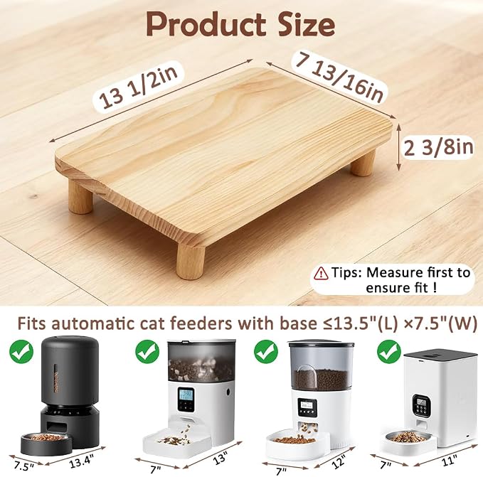 SZEE Cat Food Stand for Automatic Feeder & Tradition Bowls, Elevated Cat Food Table Station, Raises Feeder/Bowl by 2 3/8", Premium Solid Wood Material, Relieves Spine and Joints Noticeably on Pets