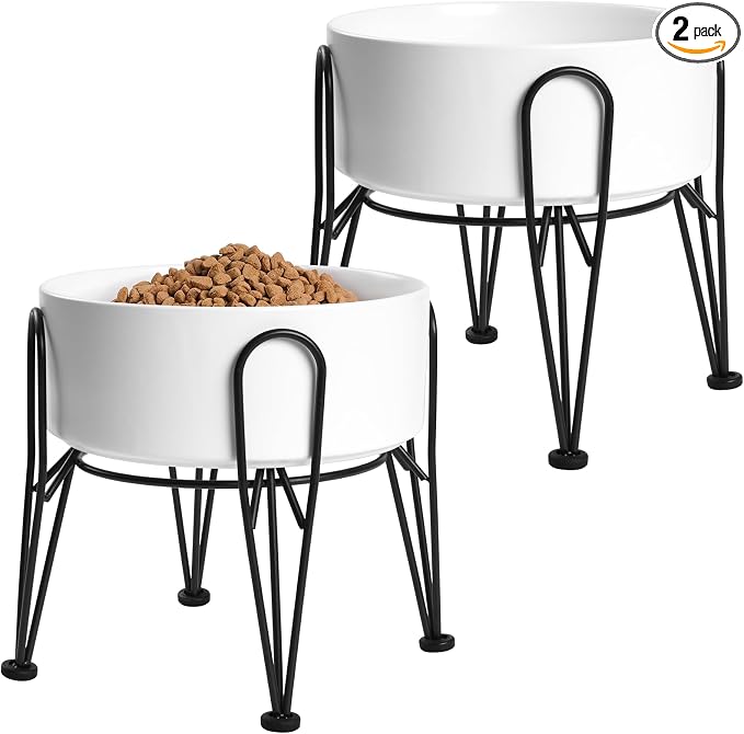 Elevated Dog Bowls, Ceramic Raised Dog Bowl Set with Anti-Slip and Non-Tip Metal Stand, 2 Pack Pet Food and Water Feeding Bowls for Small and Medium Dogs (White,7.6 Cups)