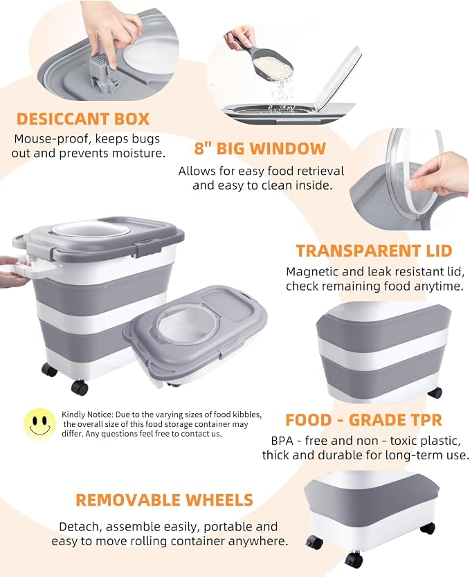 HOYTAMDAR 25-28lb Collapsible Dog Food Storage Container,Dog Food Container | Pet Food Storage Container with Airtight Lid,Wheels,Handle,Measuring Scoop&Small Container For Dog Cat Bird Seed
