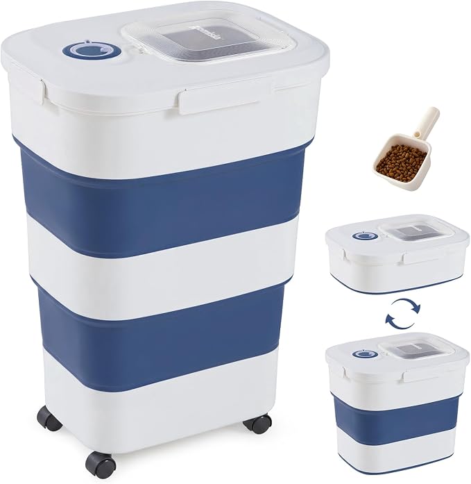 ZOMISIA 40-50lbs Dog Food Storage Container, Large Capacity Collapsible Airtight Pet Food Storage Containers with Rolling Wheels, Transparent Lid, Scoop and Date Track, Blue