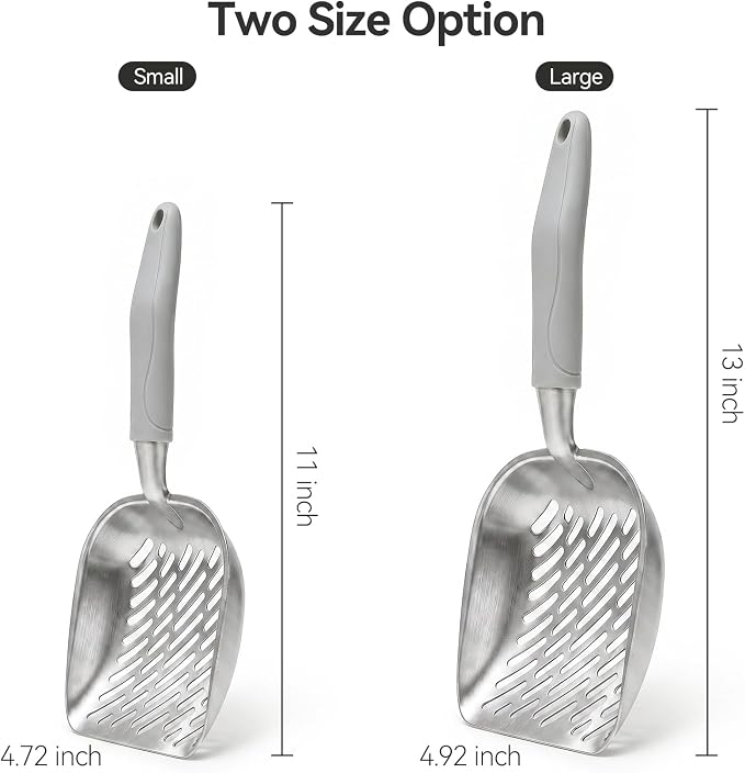 Cat Litter Scoop, Kitty Metal Scooper, Heavy Duty Aluminum Deep Sifter with Long Handle, Rustproof Durable Kitten Poop Shovel for Travel & Small Litter Box
