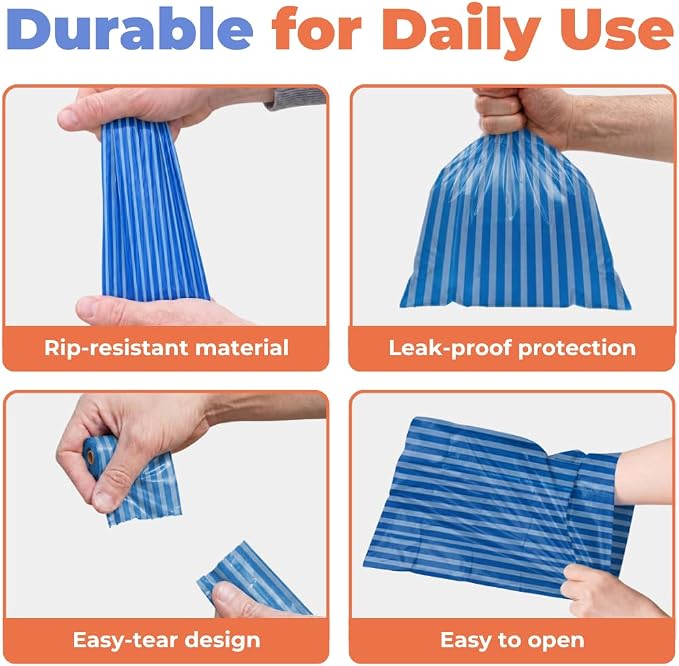 Best Pet Supplies Dog Poop Bags for Waste Refuse Cleanup, Doggy Roll Replacements for Outdoor Puppy Walking and Travel, Leak Proof and Tear Resistant, Thick Plastic - Blue Strips, 150 Bags