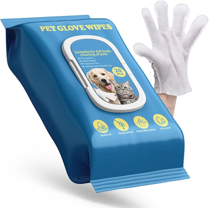 Pet Glove Wipes for Dogs & Cats with Coconut Scent, No Rinse Full Body Cleaning Large Gloves (9.84 x 9.05 inch), Gentle Grooming for Paws Face Ears Eyes Coat, Alcohol Free, 20 Pack