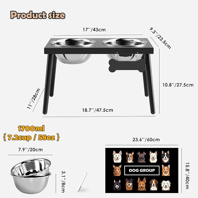 ADENGL Metal Raised Dog Bowl Stand for Large and Medium Dogs, Stronger Elevated Dog Bowls with Sprill Proof Mat, Pet Food & Water Bowls 10" Tall Dogs Feeder (58OZ-Stainless Steel Pet Bowl, Mat-16x24)