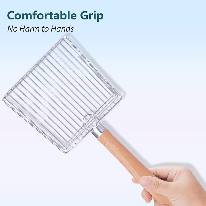 Cat Litter Scoop, 9.8" Long Handle, Metal Scooper for Litter Box | 0.3-inch Gap, Wooden handle, with Hook and Hole, Stainless Steel, Easy Cleaning, Durable, Heavy Duty, Odor-Free, Cats, dogs
