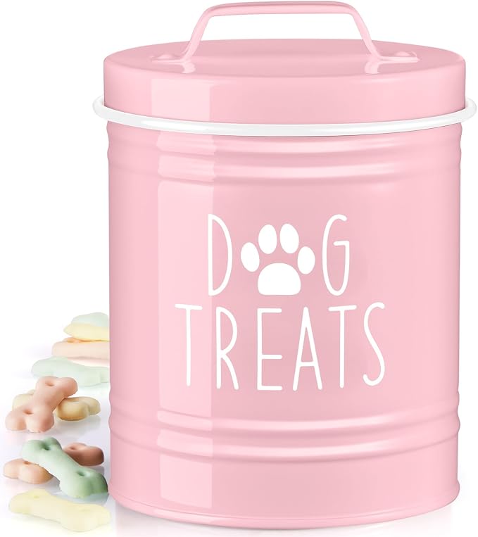 OUTNILI Pink Small Dog Treat Container Airtight - 6" Tall X 4.9" Round Pink Dog Treat Jar for Kitchen Counter - Rustic Treat Storage Canister for Dogs, Cats, Small Animals - Gifts for Pet Owners