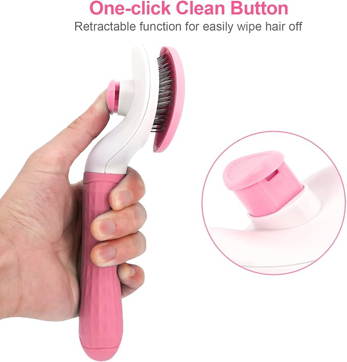 Depets Cat Brush for Shedding, Skin Friendly Self-Clean Dog Slicker Brush | Removes Loose Undercoat, for Dogs Cats Rabbits Long & Short Hair, Pet Grooming Tool with Rounded Tips, Ergonomic Handle, Pink