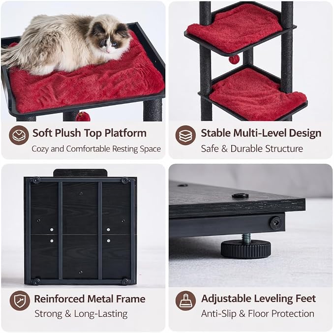 Heavy Duty Cat Tree, 67.7" Cat Tree for Indoor Cats Large Adult, Modern Cat Tower for Large Cats, Cat Tower with Scratching Post, Large Perch and Removable Pads,Black & Red