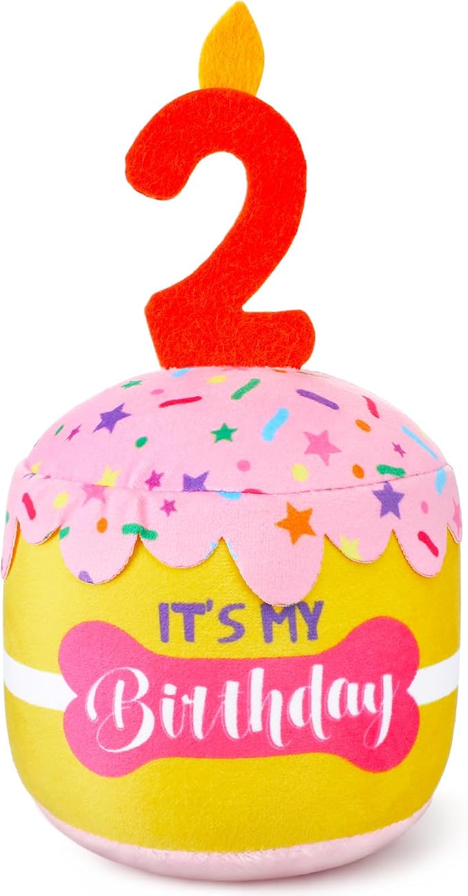 Dansydaisy Dog Birthday Cake Toy Squeaky Plush Toy for Girl Boy Gifts, Chew Accessories for Dog Birthday Party Decor Favor for Large, Medium and Small Dogs(2nd,Pink and Yellow)