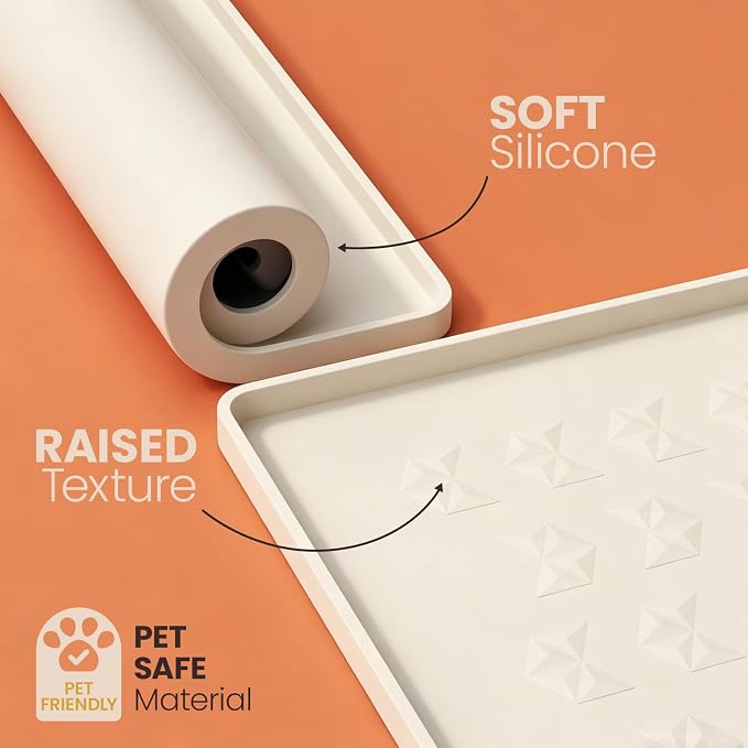 Pet Feeding Mat - 100% Waterproof Dog & Cat Bowl Pad with Raised Edges - Protects Floors from Messy Eaters & Spills - Anti-Slip, 100% PET-Safe, Dishwasher Safe (28"x20"x0.4", Beige)